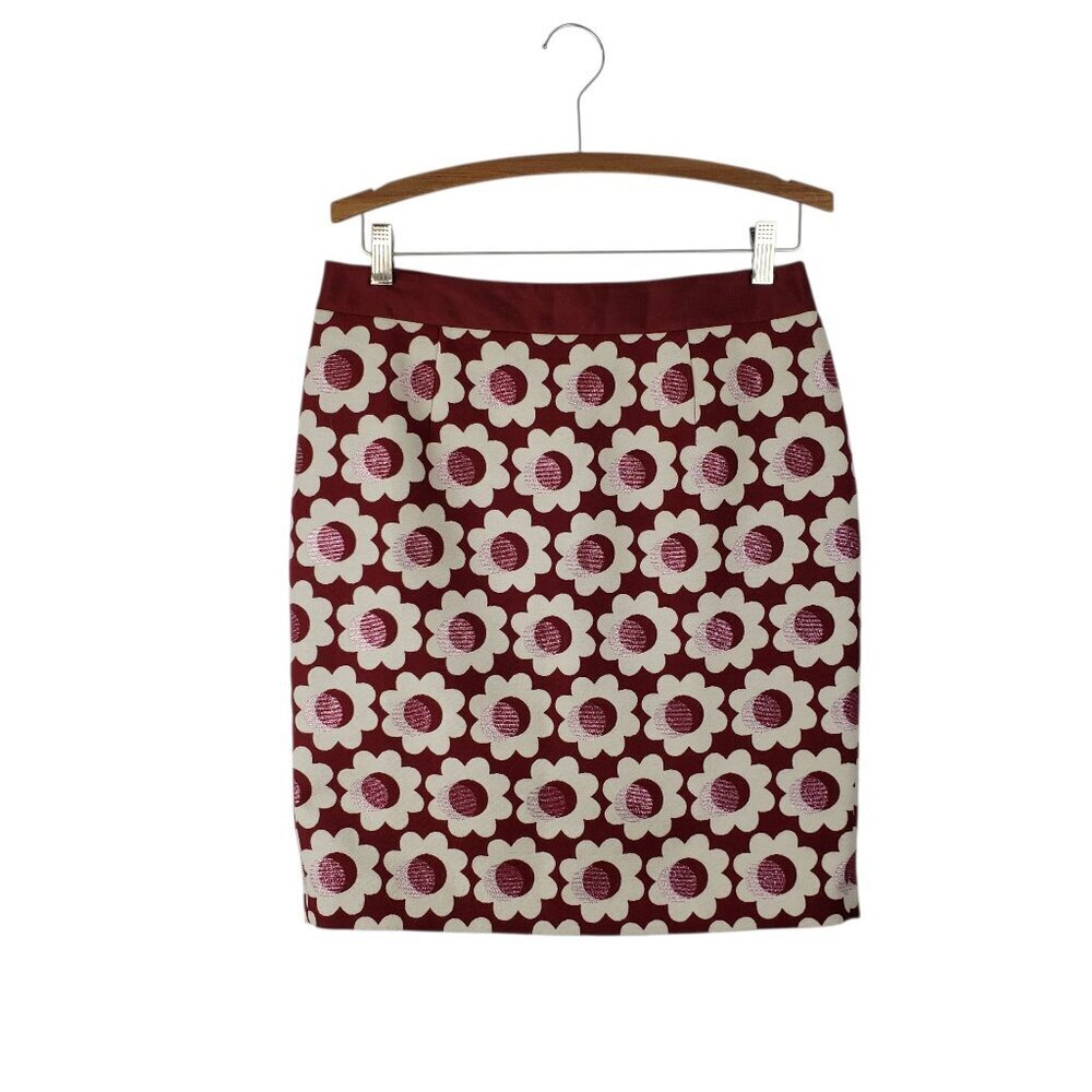 Boden Floral Pencil Skirt Burgundy Metallic Retro Daisy Wool Blend US Womens 8P